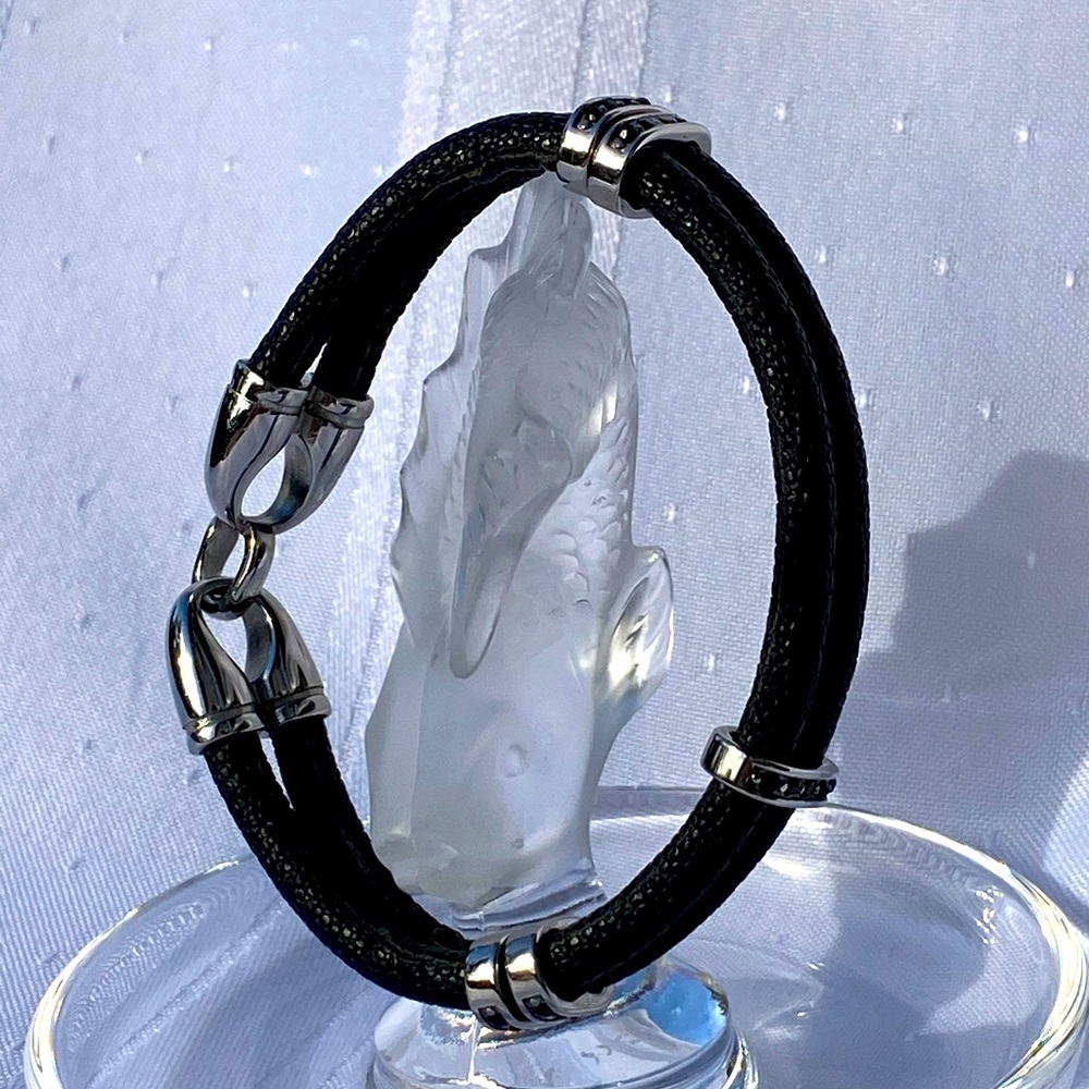 Jean Claude Black Crystal Black Leather Silver Clasp Bracelet